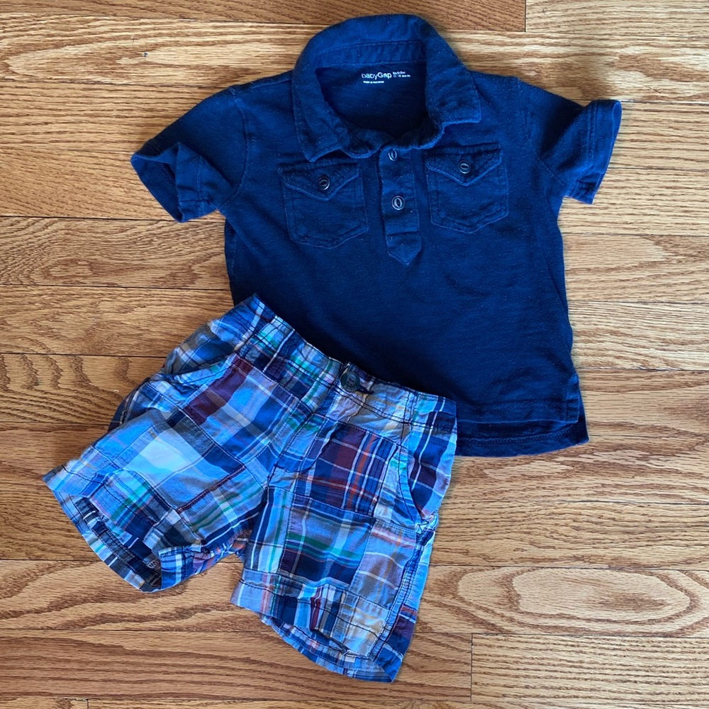 Navy Polo & Plaid Patchwork Shorts, 18M